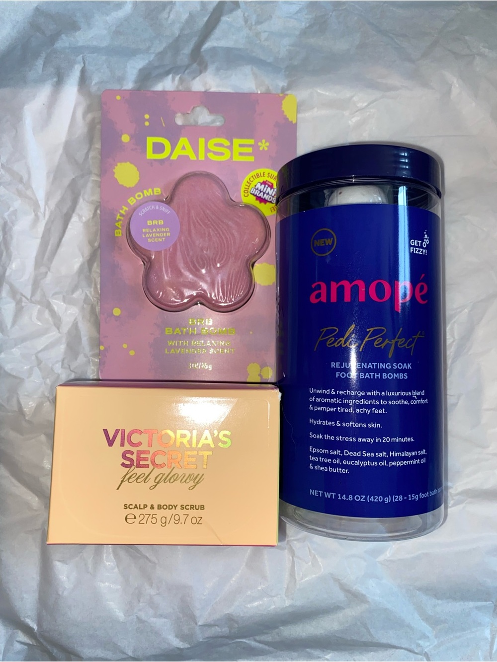 3 PC Bath Bundle: Victorias Secret Body Scrub, Amope foot bombs, DAISE Bath Lot